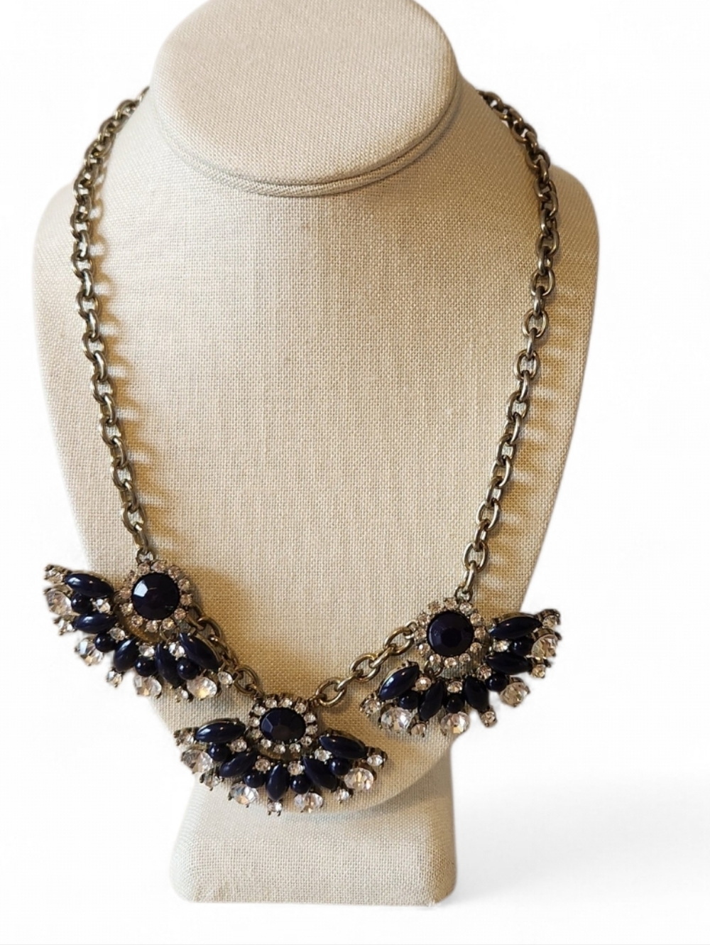 J Crew Statement Necklace Triple Pendant Blue Beads & Rhinestones